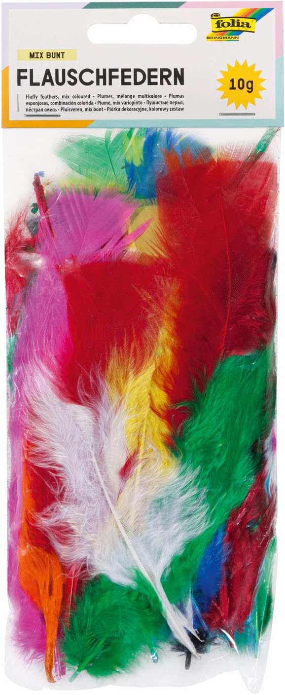 folia 53019 Feathers, Fleece Feathers, Artificial Feathers, 10 g, Assorted Colours in Intense Colours