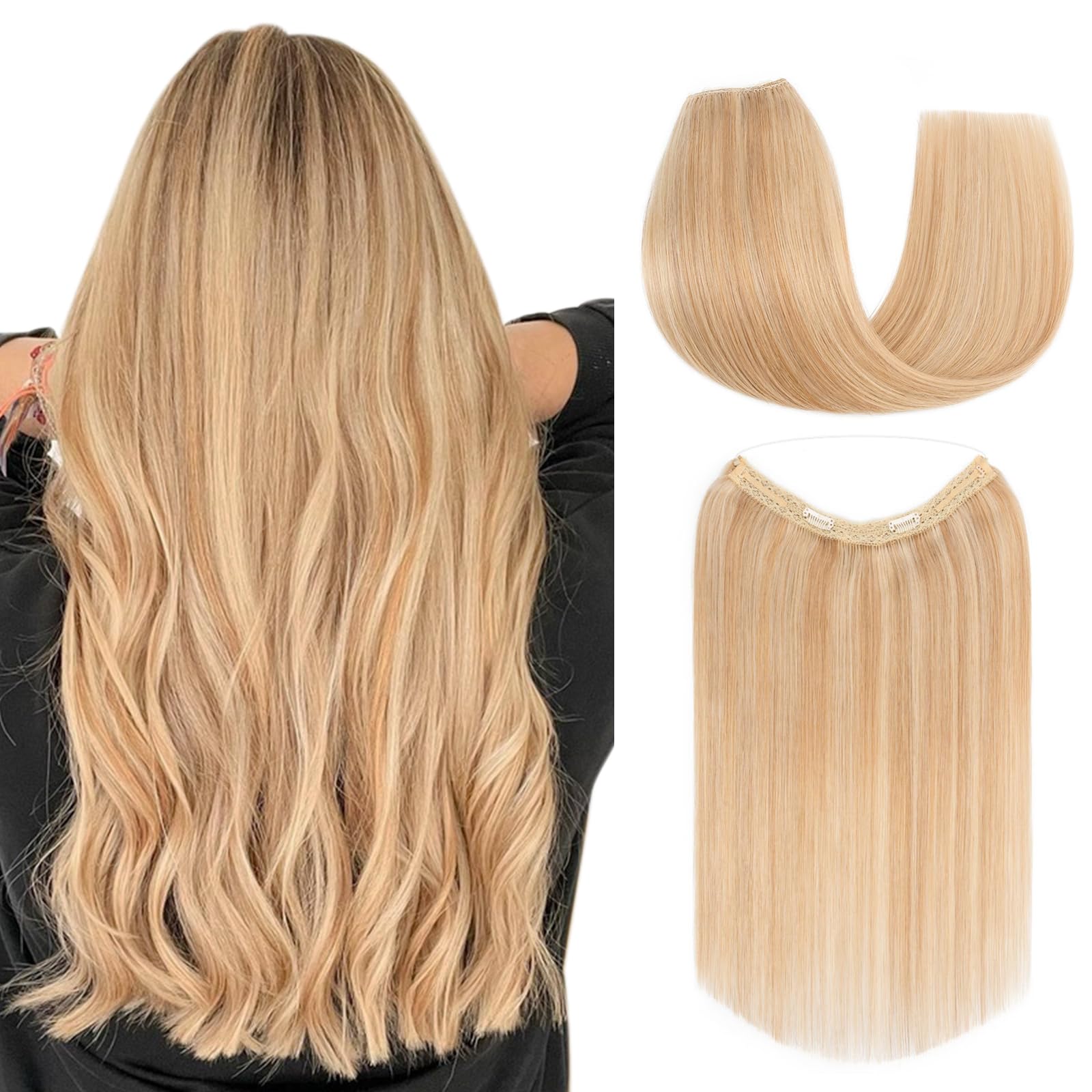Photo 1 of Halo Hair Extensions Real Human Hair, S-noilite Hair Halo Extensions for Women 18inch Ash Blonde/Bleach Blonde Halo Extensions Invisible Wire Hair Extensions