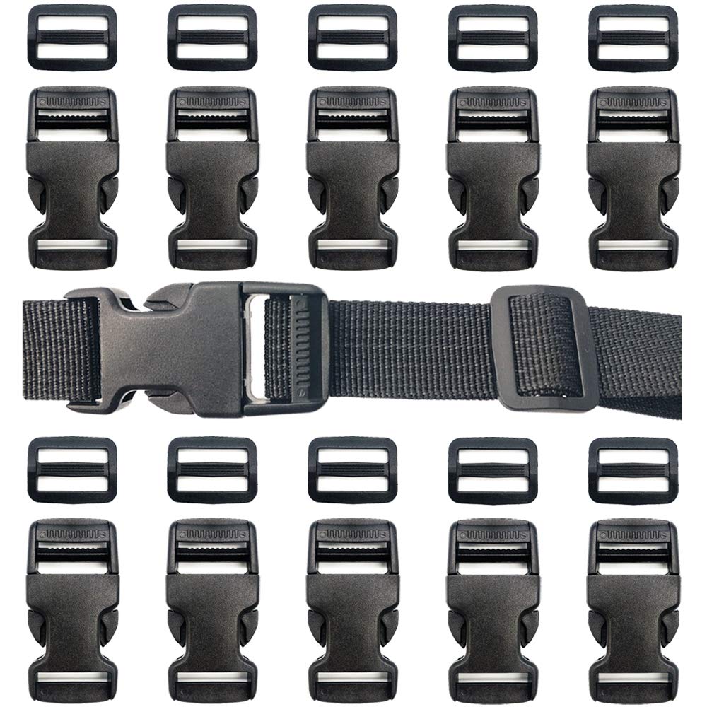 Lechengjia 10 Pieces Release Buckles with Tri-Glide Slides Plastic Adjustable Buckles Clips for DIY Craft Backpack Strapping Bag Webbing Belt Luggage Fastening Strap Dog Collars(Black)