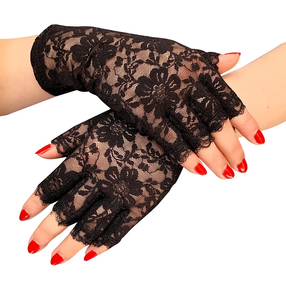 MAKFORT Black Lace Gloves Ladies Half Finger Lace Gloves UV Protection for Fancy Dress Party