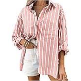 RoseSeek Women's Striped Button Down Blouse Rolled Up Long Sleeve Collared Elegant Dressy Oversized Shirts