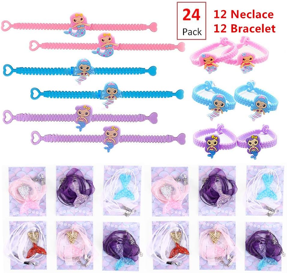 EIXJA 24 Packs Mermaid Party Supplies, 12 Mermaid Necklaces Party Favors+12 Mermaid Bracelets Novelty for 12 Guests ,Mermaid Birthday Party Favors for Girls, Perfect Mermaid Gifts