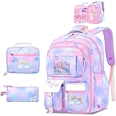Schxuw 3Pcs Backpacks for Girls, Cute Rainbow School Backpack with Lunch Bag Pen Bag Set, Multi-Pockets Kids Backpack for Elementary Preschool Toddler(Purple)