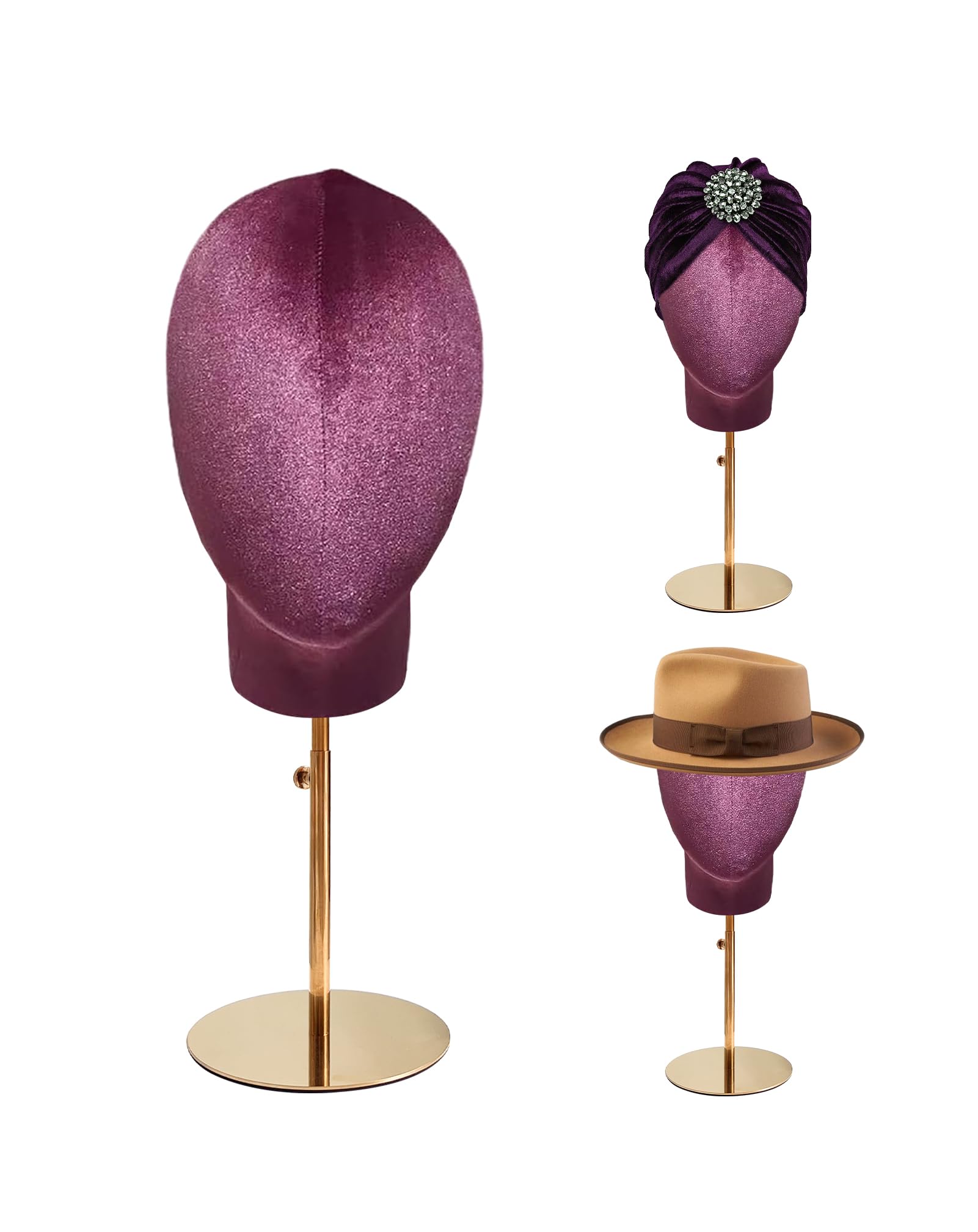 TINGSING Female Mannequin Head Stand, Velvet Pinnable Manikin Wig Head Holder with Retractable Metal Base, 18-24 Inches, for Hat Wig Jewelry Clothing Fabric Model, Purple
