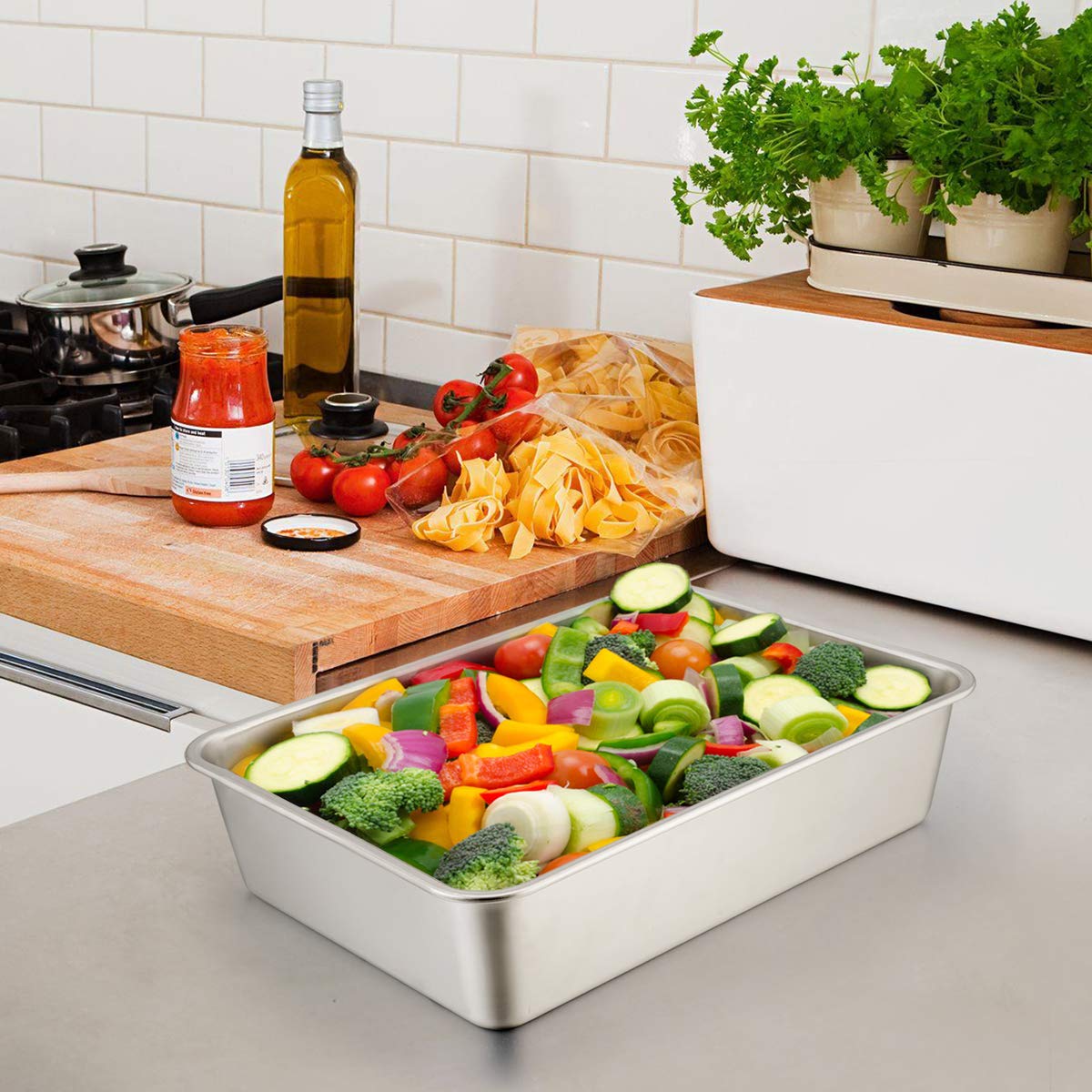 P&P CHEF Lasagna Pan Set, Stainless Steel Rectangular Baking Pan for Brownie/Cake/Meat, Non-Toxic & Heavy Duty, Deep Side & Rolled Rim, Brushed Surface & Dishwasher Safe, 12.7