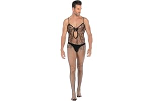 SINROYEE Men's Sheer Lace Lingerie Sissy clothes Sexy Tight Cut Out Elastic Nightgown One-piece Bodysuit