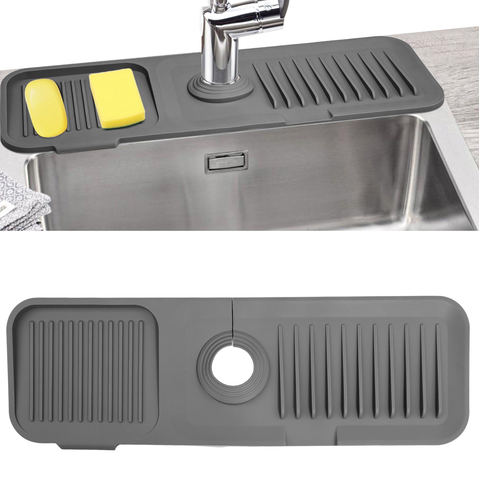 Sink Splash Guard, Silicone Sink Faucet Mat Sink Accessories Faucet Absorbent Mat for Kitchen, Bathroom, Sink Sponge Holder (Grey)