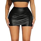 WDIRARA Women's Ruched Elastic Waist Pu Leather Wrap Asymmetrical Hem Skinny Skort Party Club Shorts