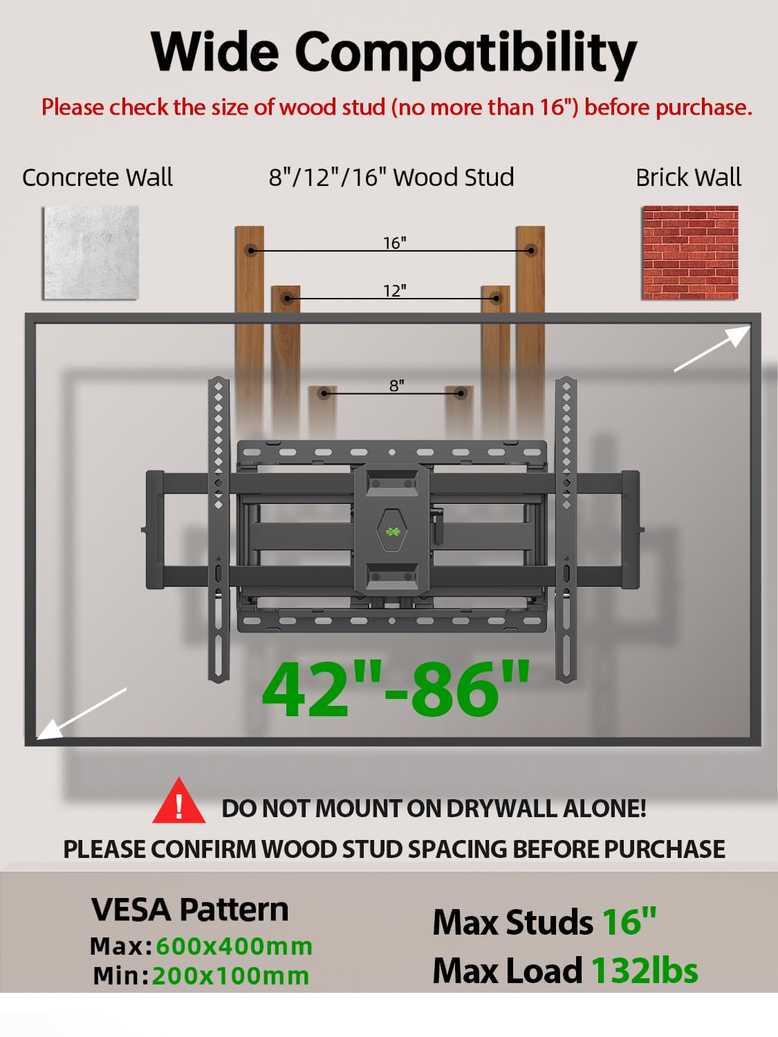 USX Mount Full Motion TV Wall Mount for Most 42-86 inch Flat Screen/LED/4K, TV Mount Bracket Dual Swivel Articulating Tilt 6 Arms, Max 16