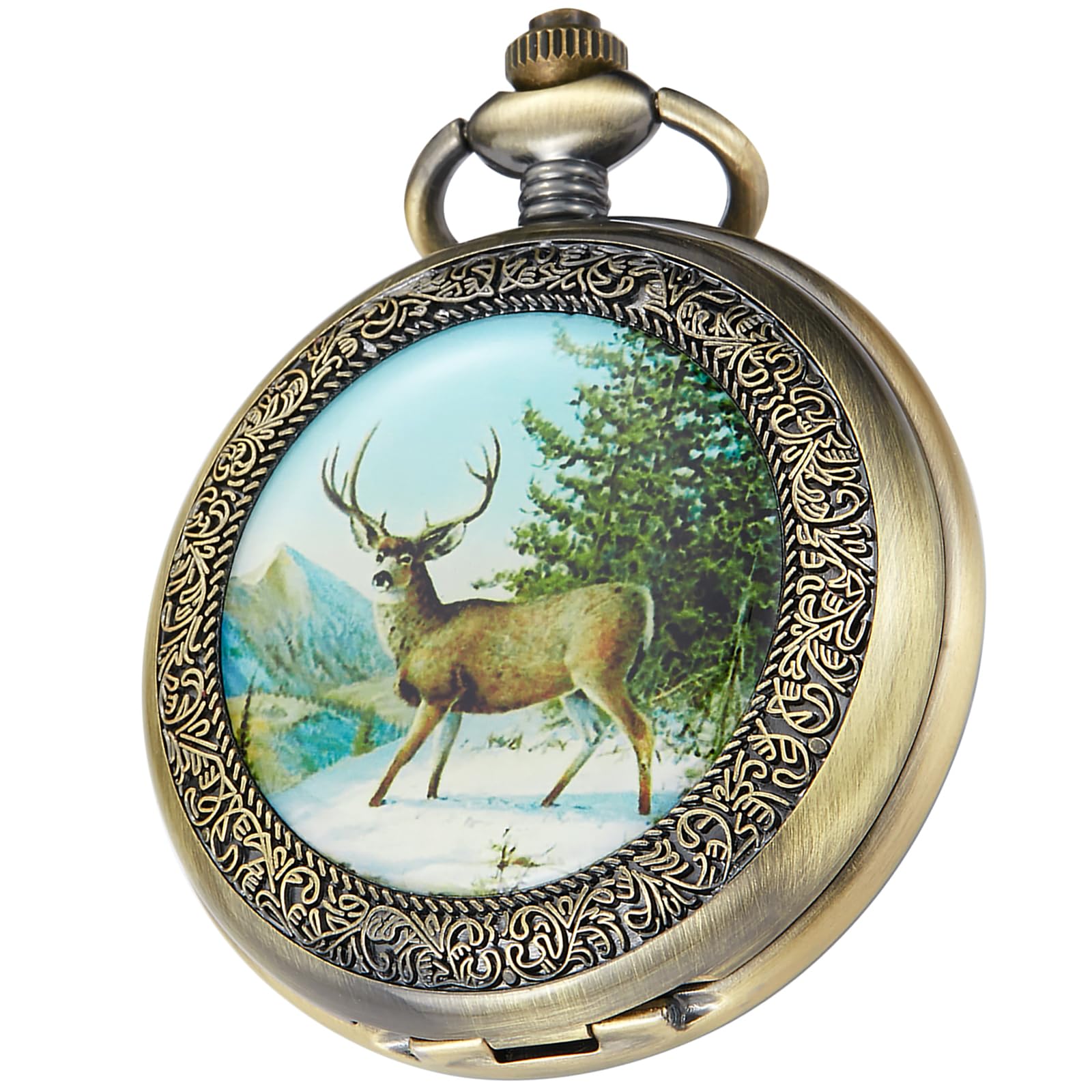 Tiong Mechanical Hand Winding London Pocket Watch Vintage Bronze Deer Case Roman Numeral FOB Watch with Chain Gift Box