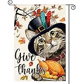 AVOIN colorlife Give Thanks Cat Garden Flag 12x18 Inch Double Sided, Thanksgiving Turkey Harvest Holiday Yard Outdoor Decorative Flag