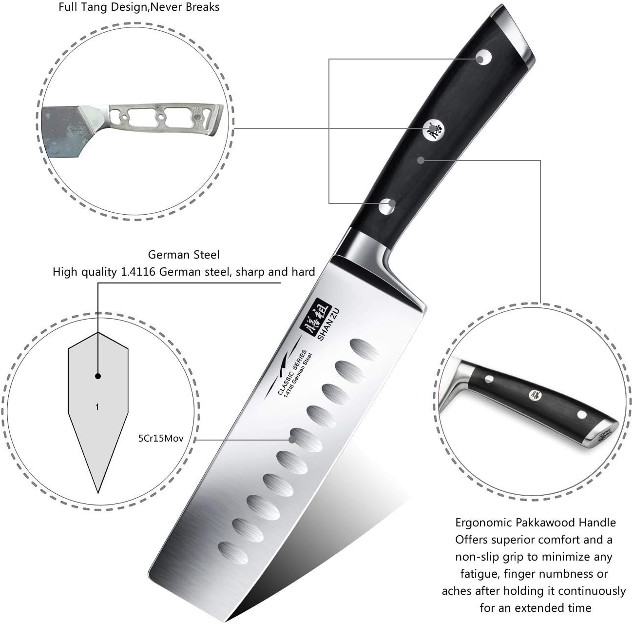 SHAN ZU Japanese Nakiri Knife 6.5 Inch, Ultra Sharp German Stainless Steel Vegetable Chopper Chef Knives, Ergonomic Handle - Image 3