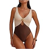 Verdusa Women's Colorblock One Piece Swimsuit Deep V Neck Cut Out Monokini Beach Vacation Bathing Suit
