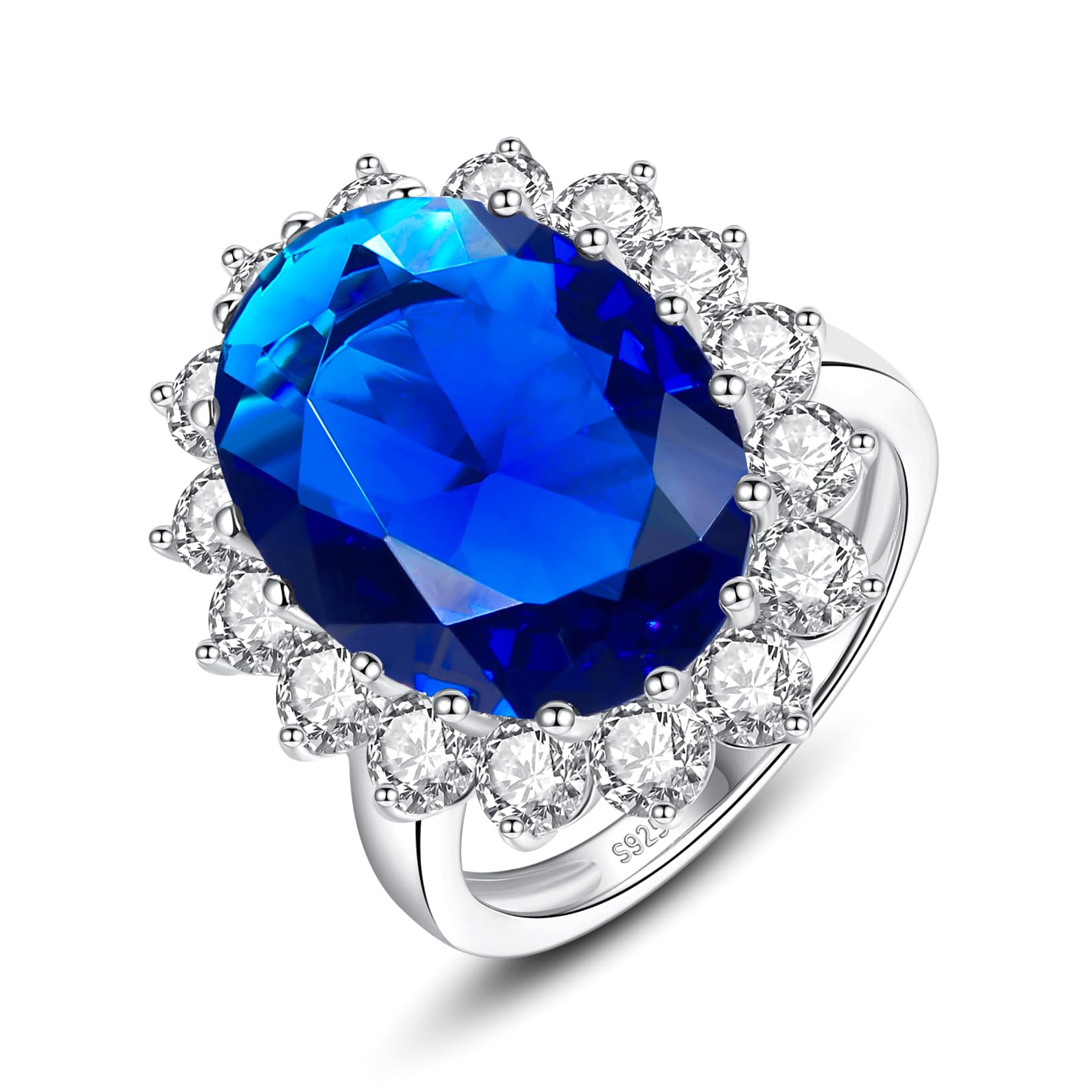 VIKI LYNN 925 Sterling Silver Princess Kate Blue Simulated Sapphire Engagement Jewelry Set Halo Necklace and Earrings (Ring)