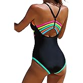 popvil Women One Piece Swimsuit 2026 Sexy Neon Color Block Bathing Suit for Women Back Strappy Low Back Slimming Swimwear