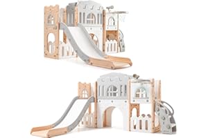 GARVEE Toddler Slide 8 in 1 Toddler Playset for Toddlers Age 1-3, Baby Playset for Indoor Outdoor Playground with Climber, Crawling Tunnel, Basketball Hoop, Telescope, Toy Storage