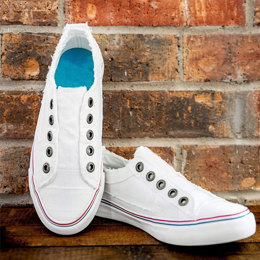 FIRENGOLI Saralove Women\'s Fashion Sneakers Slip On Distressed Canvas Shoes Walking Flats Comfort Sneakers Shoes (5 UK,White Canvas)