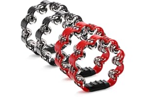 Okllen 4 Pack Double Row Hand Held Percussion Tambourine, Metal Jingles Handled Tambourine Bells Music Instrument for Adult, Tambourine Lover, Christmas Gift, Red&Black