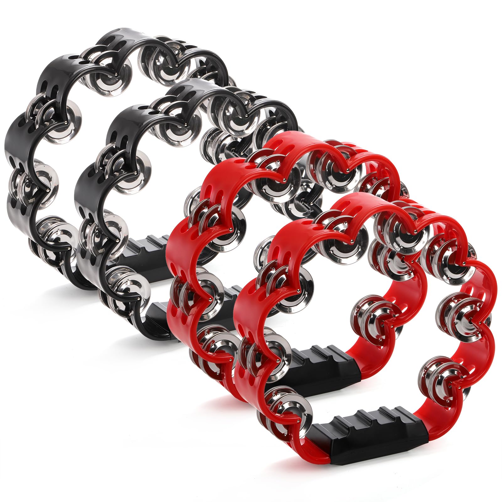 Okllen 4 Pack Double Row Hand Held Percussion Tambourine, Metal Jingles Handled Tambourine Bells Music Instrument for Adult, Tambourine Lover, Christmas Gift, Red&Black