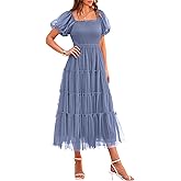 PRETTYGARDEN Women's Smocked Midi Tulle Dress 2026 Summer Puffy Short Sleeve Square Neck Ruffle Wedding Guest Party Dresses