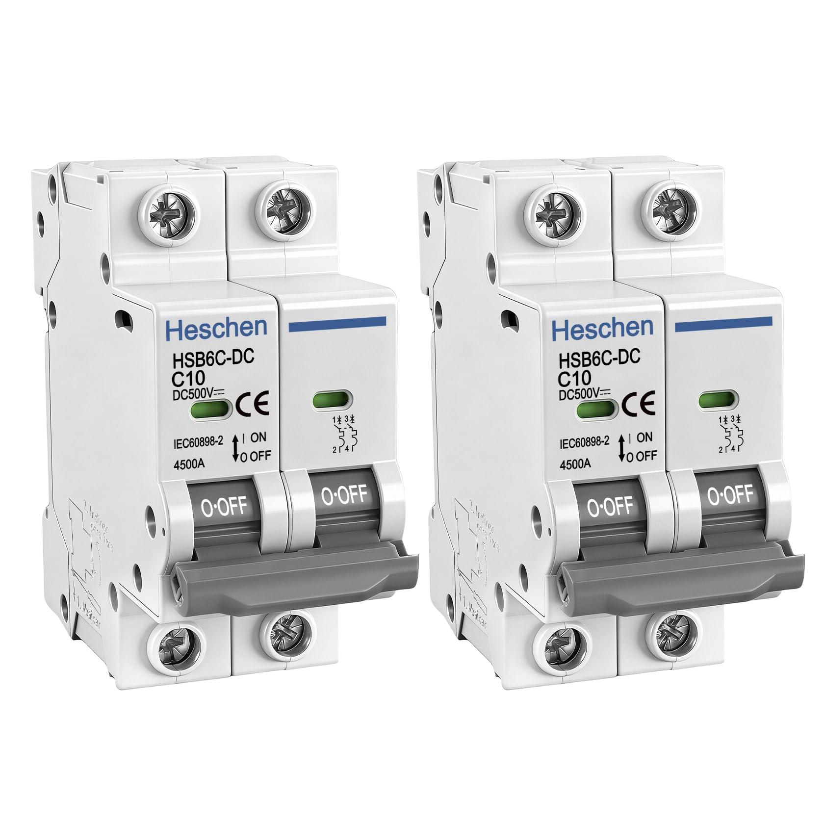 Heschen 2PCS DC Miniature Circuit Breaker, HSB6C-DC, 2 Poles, DC500V 10A, Photovoltaic Circuit Breaker, for Solar PV System Solar Panels Grid System, 35mm DIN Rail Mounting (10A)