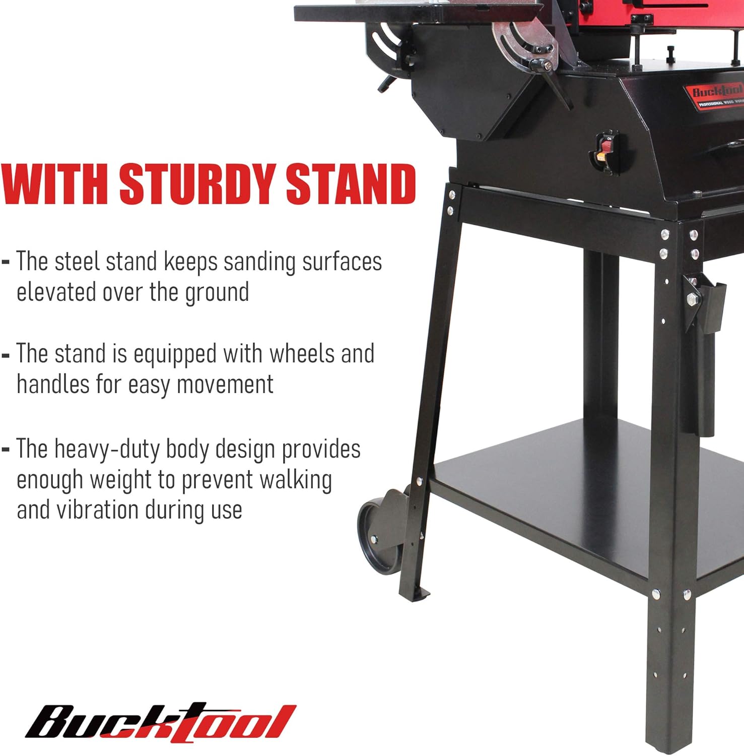 BUCKTOOL Powerful Bench Belt Sander for Wood Working 6 in. x 48 in. Belt and 10 in. Disc Sander with 1.5 HP Motor and Movable Stand, BD61000 - - 