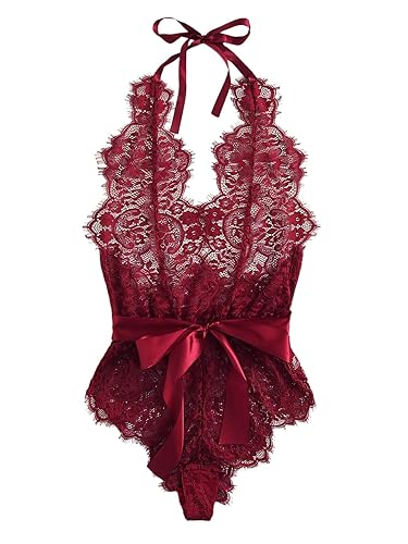 SheIn Women's One Piece Lingerie Sheer Lace Halter Teddy Bodysuit