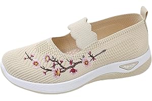 Women's Summer Walking Shoes Floral Embroidered Mesh Strapless Sneaker Lightweight Low Top Wide Toe Slip On Loafers Non-Slip 