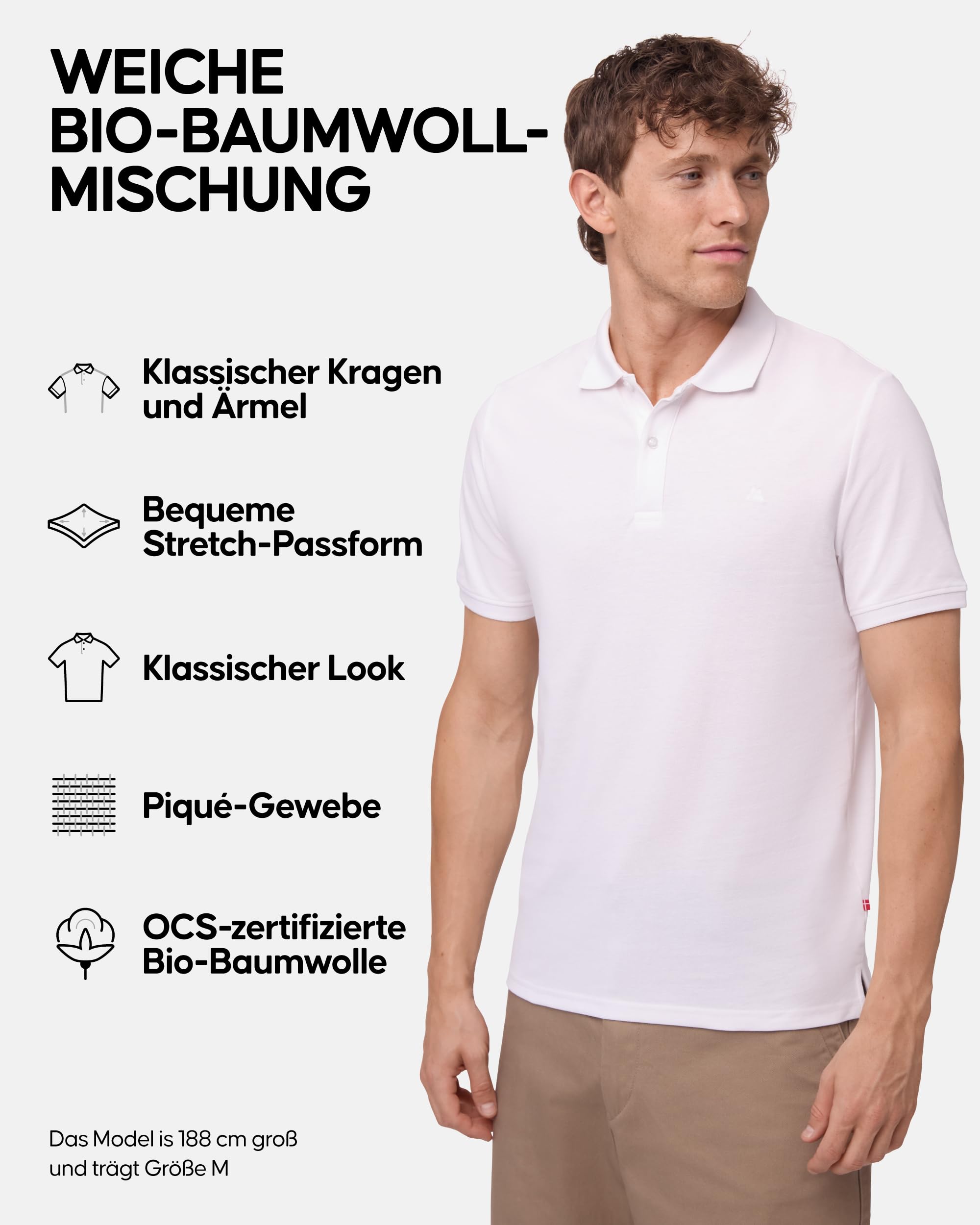 DANISH ENDURANCE Premium Poloshirt Herren Kurzarm (1er | 2er Pack), Piqué Qualität aus Bio-Baumwolle, Weiß, L 3