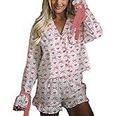 ROAONOCOMO Women Valentine’s Day Pajama Bow Heart Print Long Sleeve Pjs Cute Lounge Outfit Graphic Satin 2 Piece Shorts Set