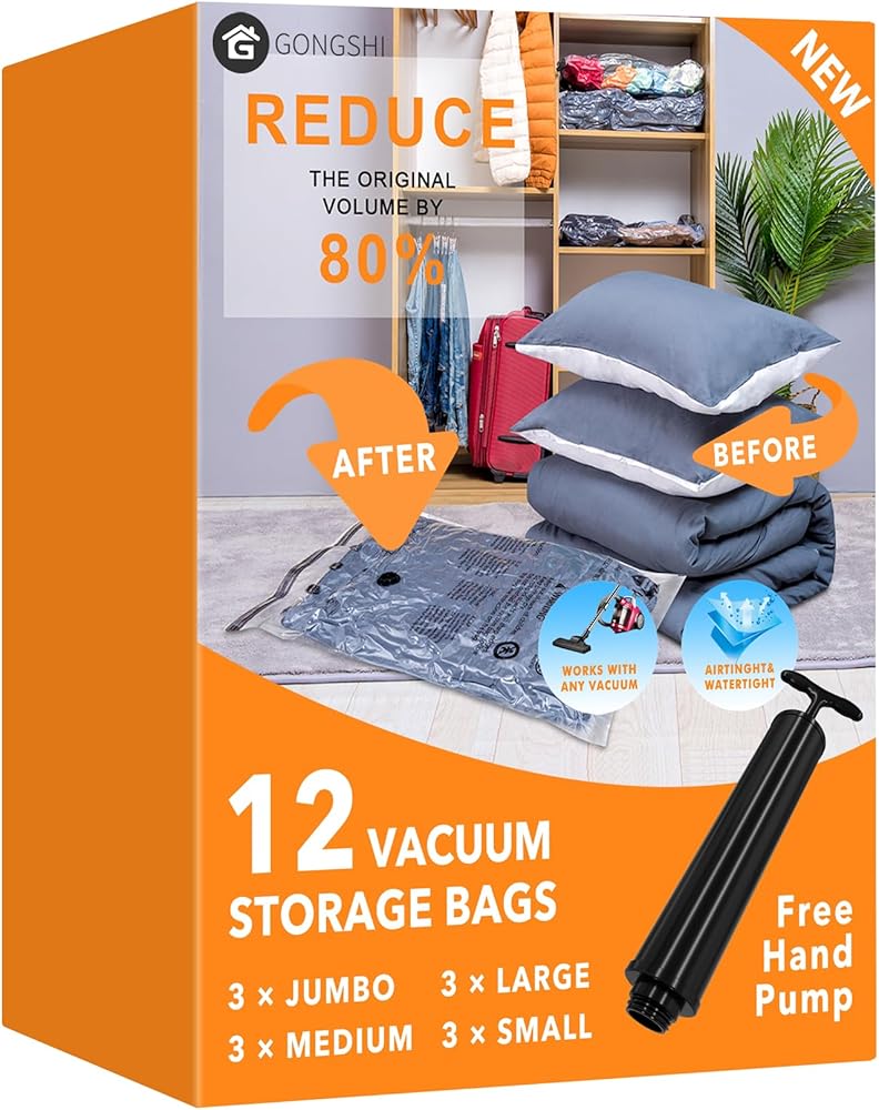 GONGSHI Vacuum Storage Bags (3 x Jumbo, 3 x Large, 3 x Medium, 3 x Small), Space Saver Sealer Compression Bags with Travel Ha
