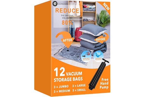 GONGSHI Vacuum Storage Bags (3 x Jumbo, 3 x Large, 3 x Medium, 3 x Small), Space Saver Sealer Compression Bags with Travel Ha