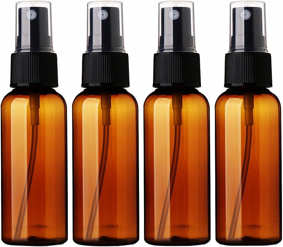 Sinide Plastic Spray Bottles 50ML(1.7oz) - 4 Pack Amber Empty Portable Refillable Makeup Cosmetic Atomizer, Travel Size Bottle with Fine Mist Sprayer for Perfume, Cosmetic, Skincare, Aromatherapy