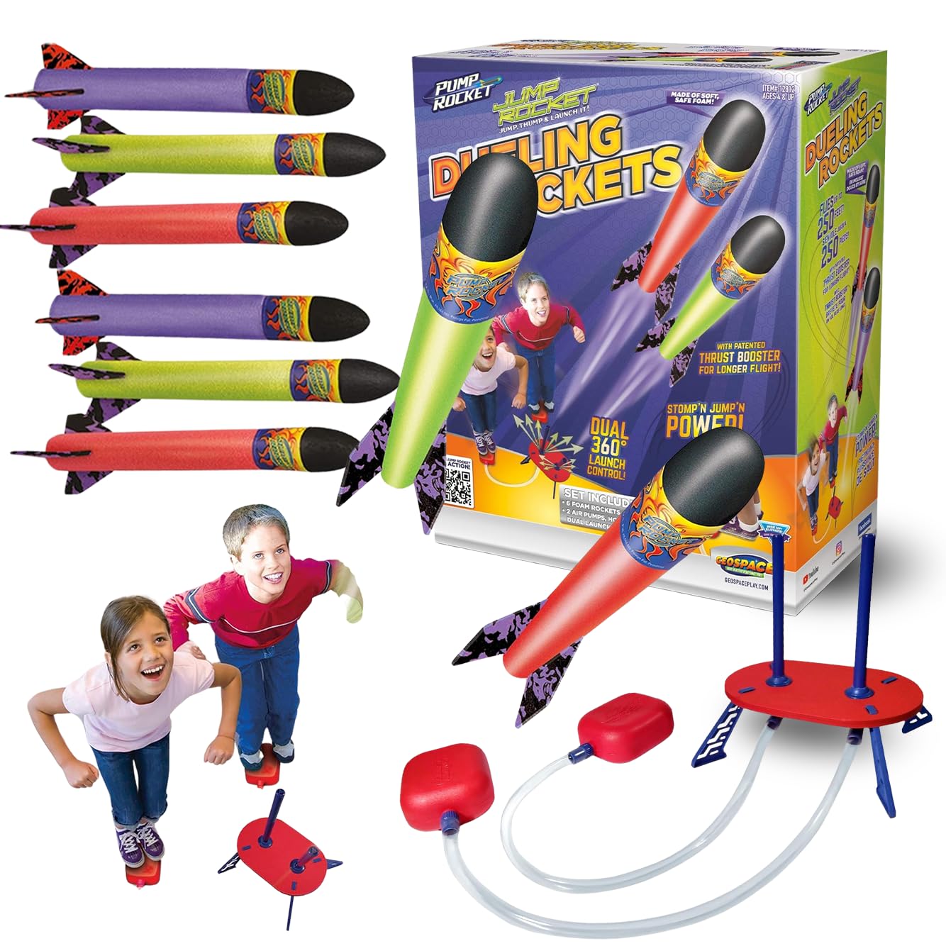 Geospace Jump Rocket Dueling Flying Rockets Set for Kids with 2 Air Pumps, 2 Swivel Launch Tubes, Launch Pad & 6 Foam Rockets that fly up to 250 feet! Great Outdoor Backyard Toy for Boys & Girls