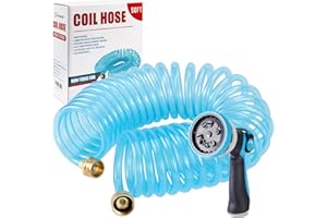 Yereen Coil Garden Hose 50FT, EVA Recoil Garden Hose, Transparent Self-coiling Water Hose with 3/4" Connector Fittings with 10 Function Spray Nozzle, Blue