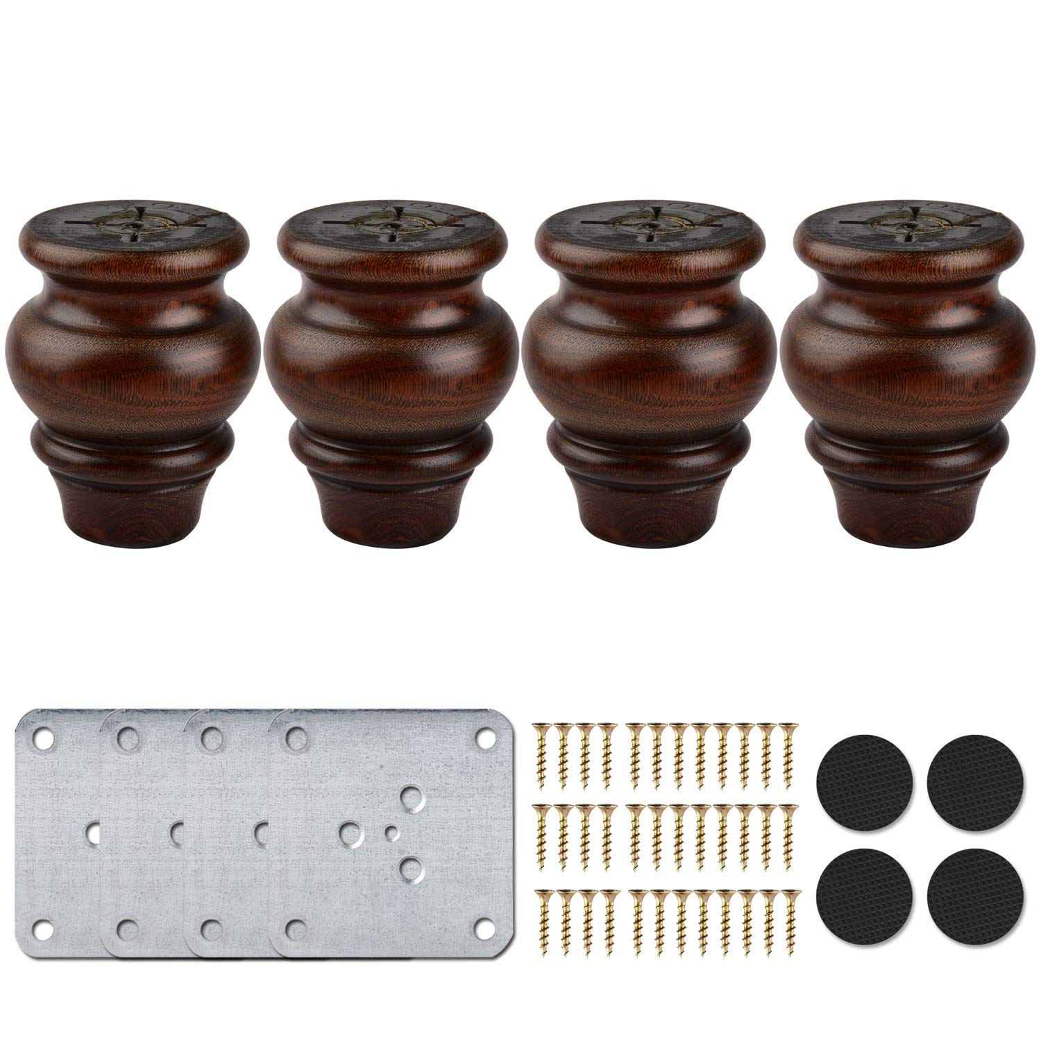 4 inch / 9cm Wooden Furniture Legs, La Vane 4PCS Glaze Soild Wood Spindle Replacement Bun Feet with Mounting Plate & Screws for Couch Table Sofa Bed Cabinet