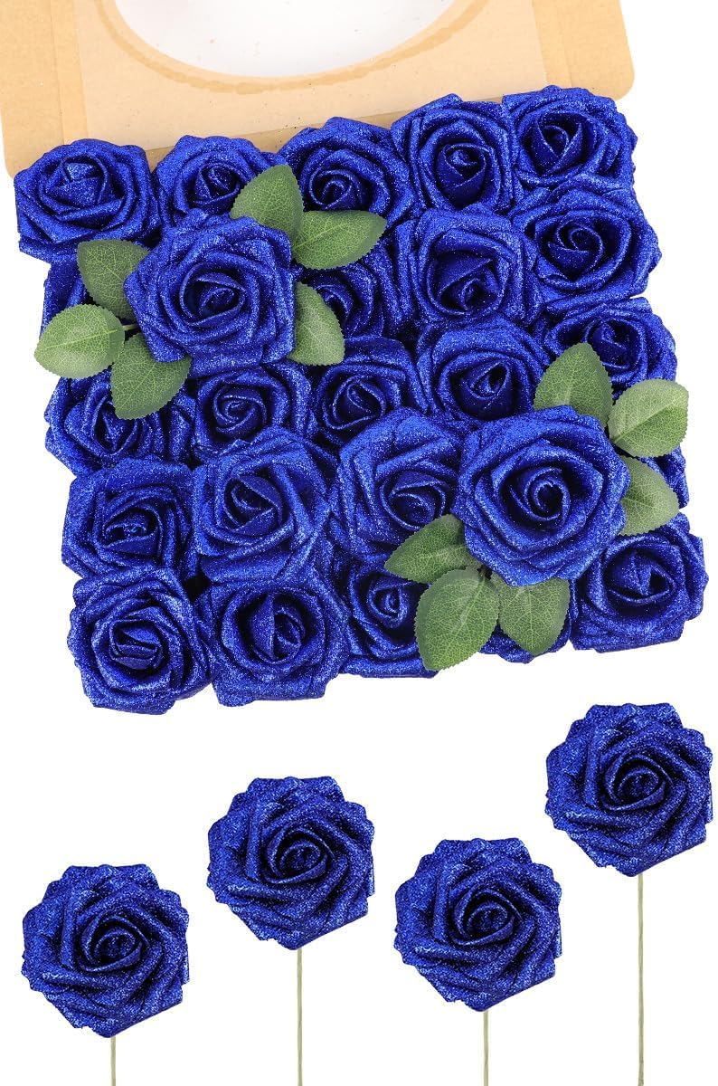 N&T NIETING Artificial Flowers Glitter Rose, 25pcs Fake Roses Flowers with Stems Real Touch Faux foam Roses for Wedding Bouquets Party Office Baby Shower Home Christmas Decoration(Blue)