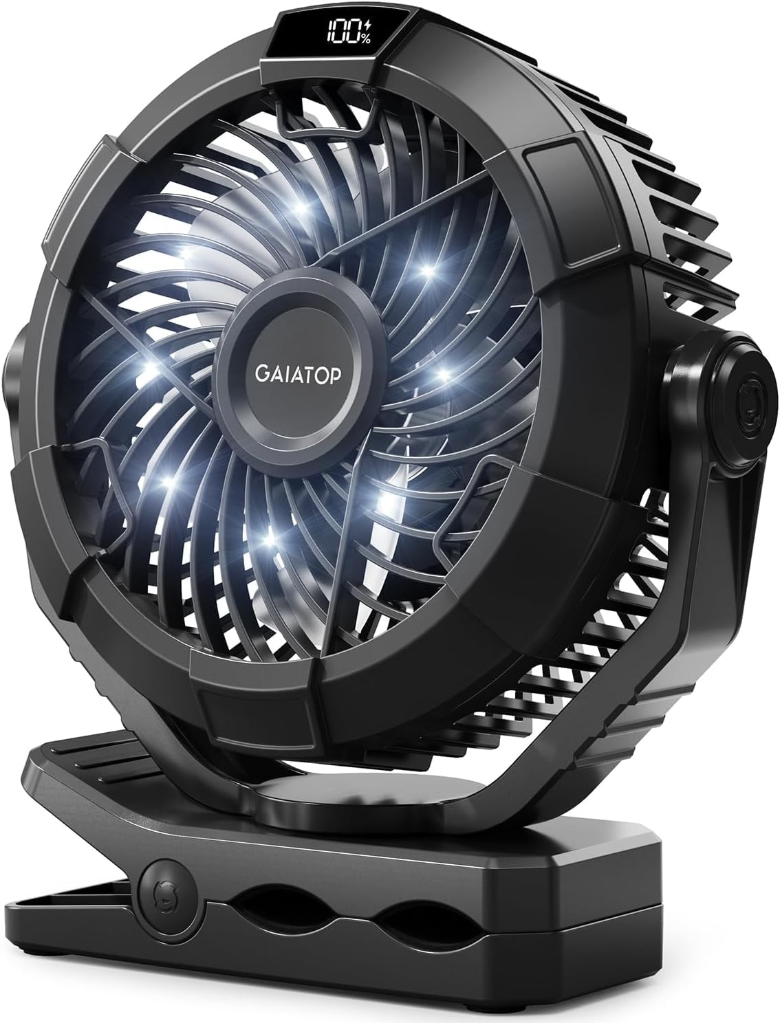 Photo 1 of Gaiatop Portable Camping Fan with LED Lantern, 360°Rotation and Clip on for Desk, 4000mAh USB Rechargeable Battery Powered, Digital Display and Hanging Hook for Tent Outdoor Travel Bedroom Black