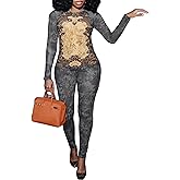 RISCUYY Sexy Jumpsuits for Women Vintage Printed Mesh Going Out Jumpsuit Party Club Outfits