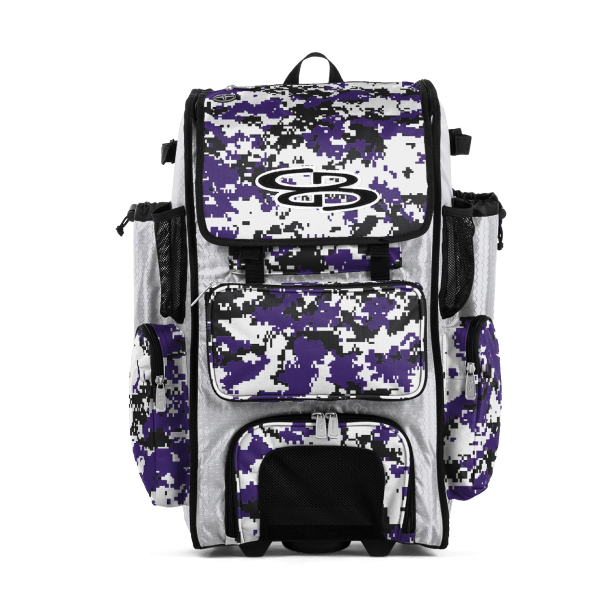 Boombah Rolling Superpack Baseball/Softball Gear Bag - 23-1/2" x 13-1/2" x 9-1/2" - Digital Camo White/Purple - Telescopic Handle - Holds 4 Bats - Wheeled Version Image