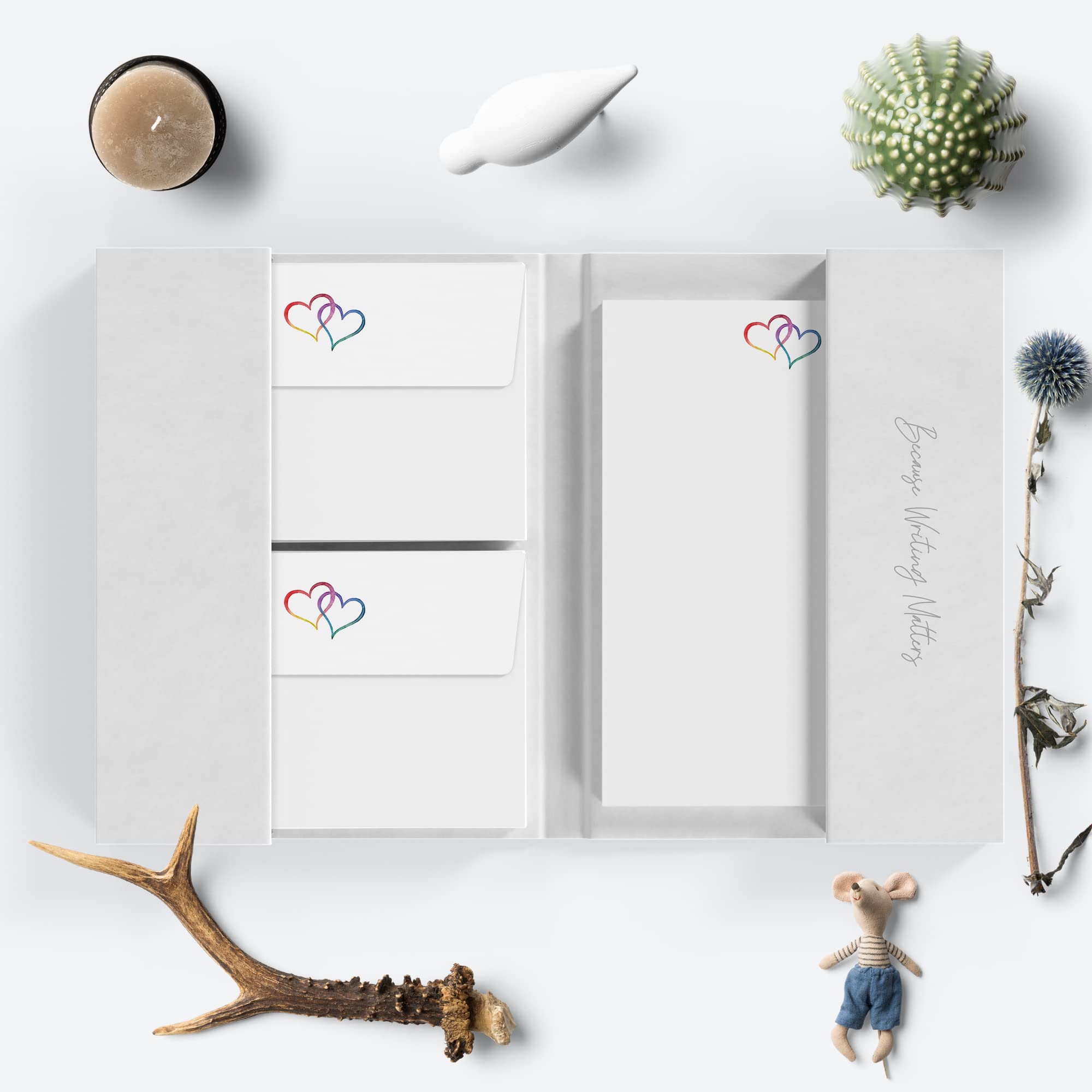 Me Loovely Rainbow Double Love Heart Letter Writing Paper and Envelopes Set A5 Size Papers Stationery Supplies with Hearts Design | (Pack of 20 with Folder)