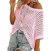 Chvity Women's Summer Crew Neck Short Sleeve Sweater Casual Off Shoulder Tops Hollow Out Crochet Coverups Pullover Knit Tops