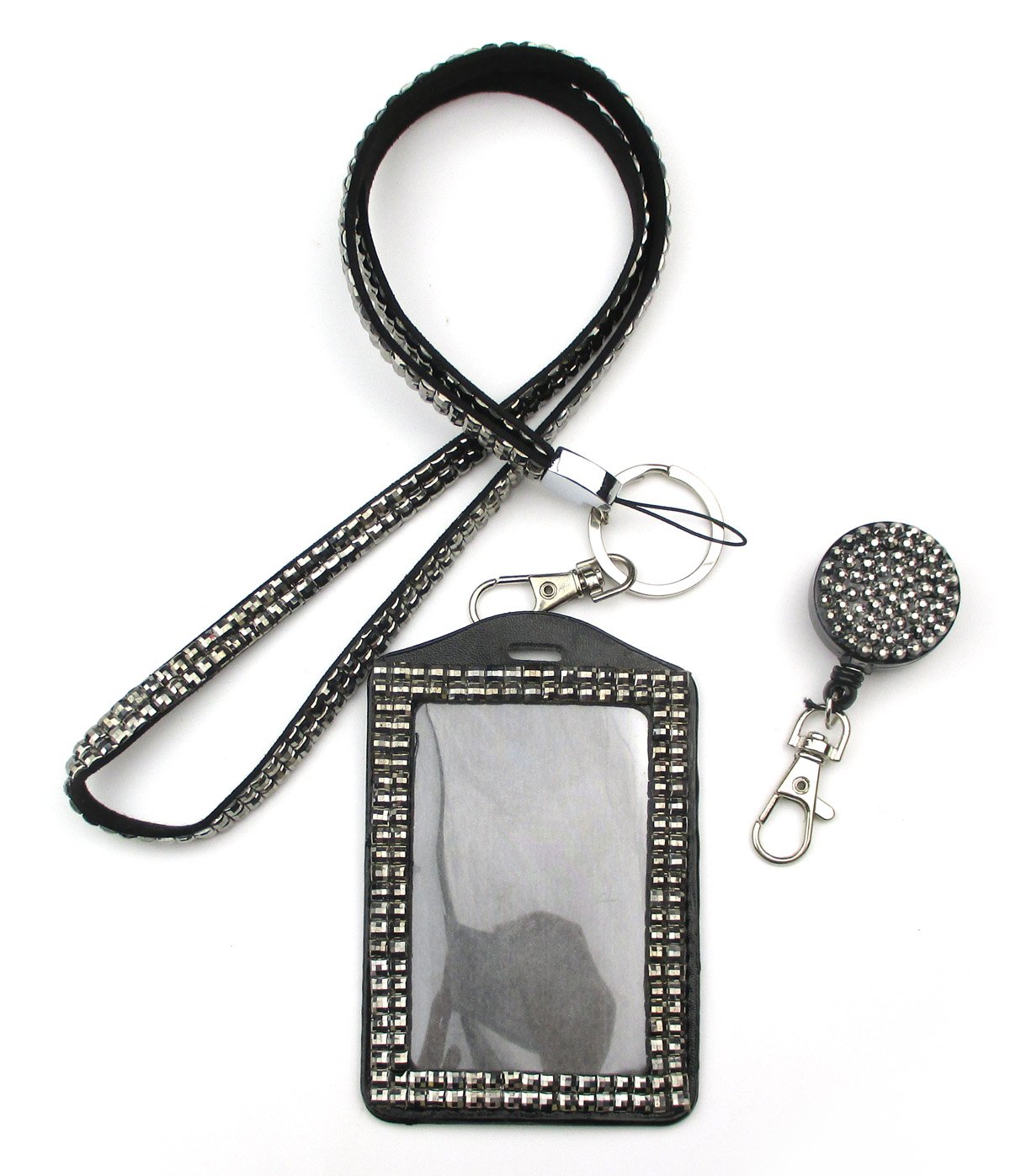 ALL in ONE Rhinestone Lanyard Bling Crystal Necklace + Badge Reel + Card Holder for Business Id/key/cell Phone (SILVER)