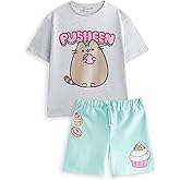 Pusheen the Cat Girls Grey T-Shirt and Shorts Set | Mint Green Graphic Tee with Elasticated Waistband