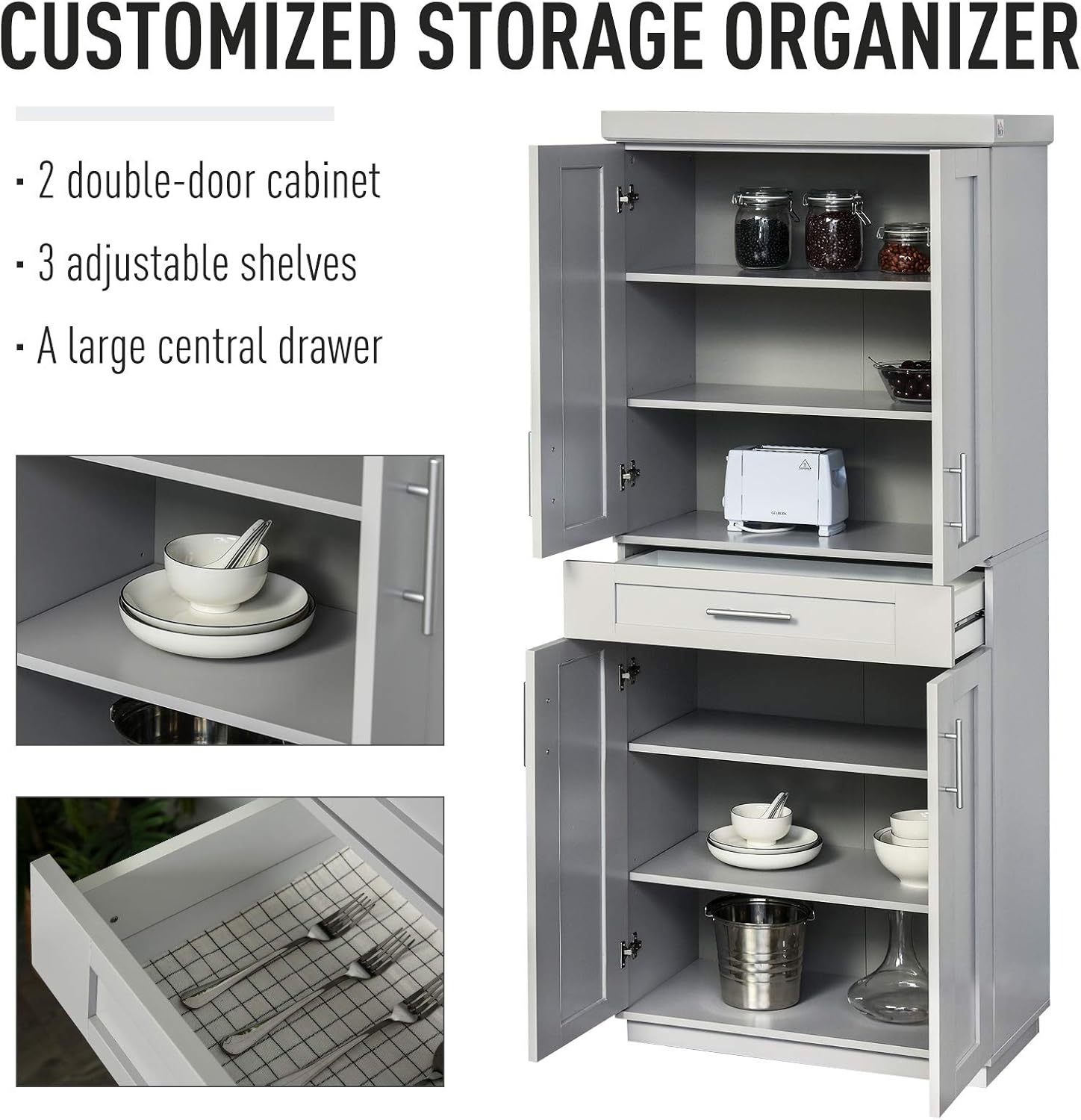HOMCOM Modern Kitchen Pantry Freestanding Cabinet Cupboard with Doors and Shelves, Adjustable Shelving, Grey: Furniture & Decor