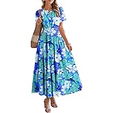 BTFBM Womens Summer Floral Maxi Dresses V Neck Short Sleeve Boho Casual Flowy Long Wedding Guest Dress Beach Vacation