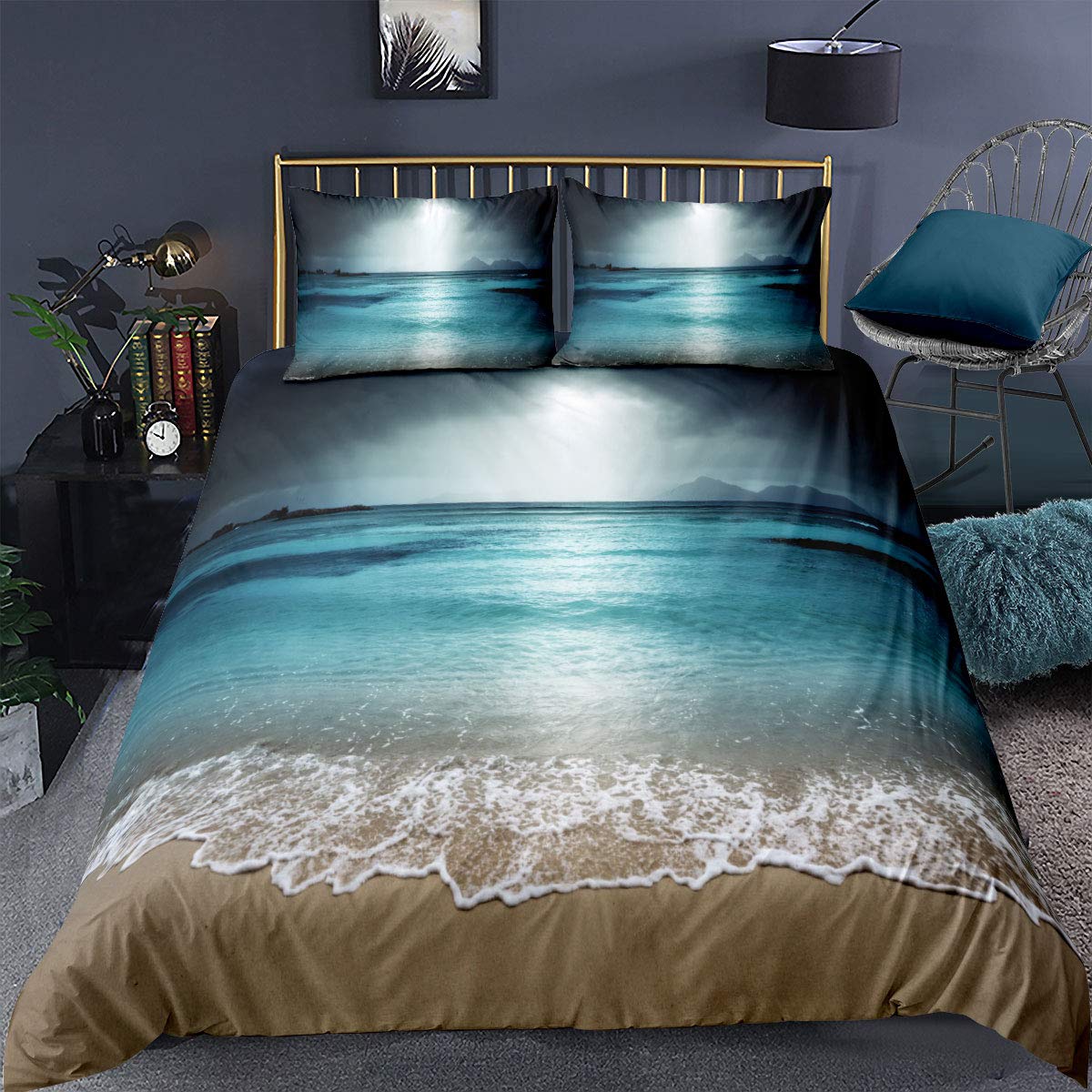 Loussiesd Tropical Comforter Cover Double Size Beach Island Bedding Set Dramatic Scene Decorative 3 Pieces Wave Theme Duvet Cover Set Petrol Blue Bedspread Cover with 2 Pillowcase Zipper Gorgeous — image 1