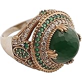 Turkish Ottoman Style Sultan's Collection Jewelry Round Shape Emerald and Round Cut Topaz 925 Sterling Silver Ring Size All