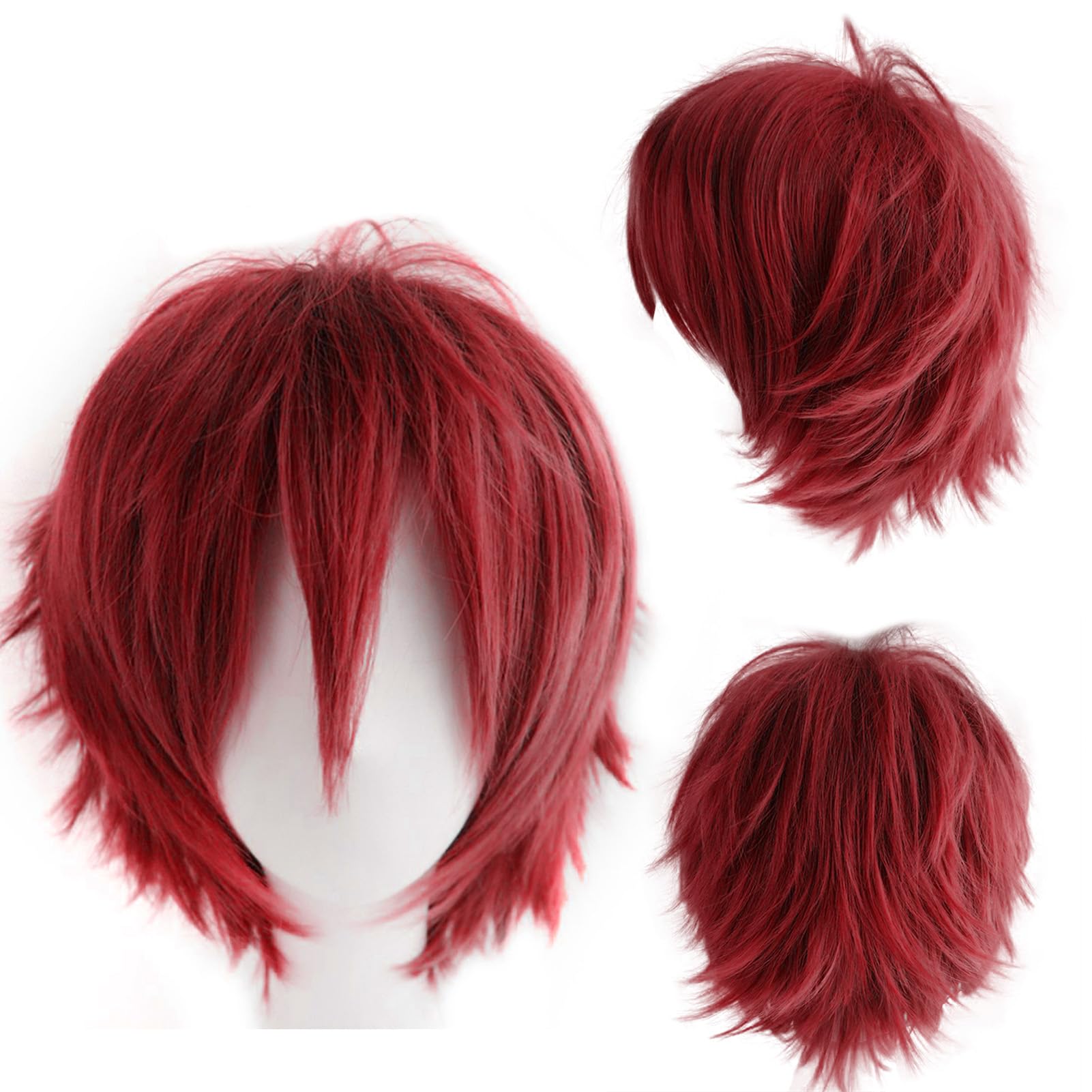Dcbaboo Red Wig Short Curly Wig Men/Women Wigs Anime Cosplay Wig 12" Natural Fluffy Layered Straight Hair Unisex Halloween Wig Fancy Dress Synthetic Full Wig with Wig Cap, Dark Red