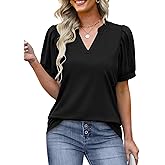 OFEEFAN Women's Pleated Puff Sleeve Tops Summer V Neck Tunic Shirts Loose Curved Hem Blouses Dressy Casual S-3XL